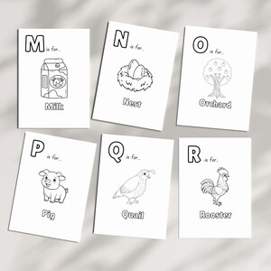Op de afbeelding: Zwart-witte alfabetkaarten met illustraties voor de letters M tot en met R. De illustraties omvatten een pak melk, een vogelnest, een boomgaard, een varken, een kwartel en een haan.
