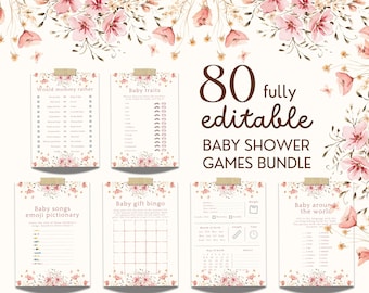 Bewerkbare Baby in Bloom babyshowergames | Roze bloemen babyshoweractiviteiten | Afdrukbare babyshowerbingo en leuke spelletjes | Direct downloaden