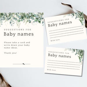 Baby Name Suggestions Sign, Printable Baby Shower Name Ideas, Eucalyptus Baby Shower Game, Greenery Baby Shower Decor, Baby Shower Ticket
