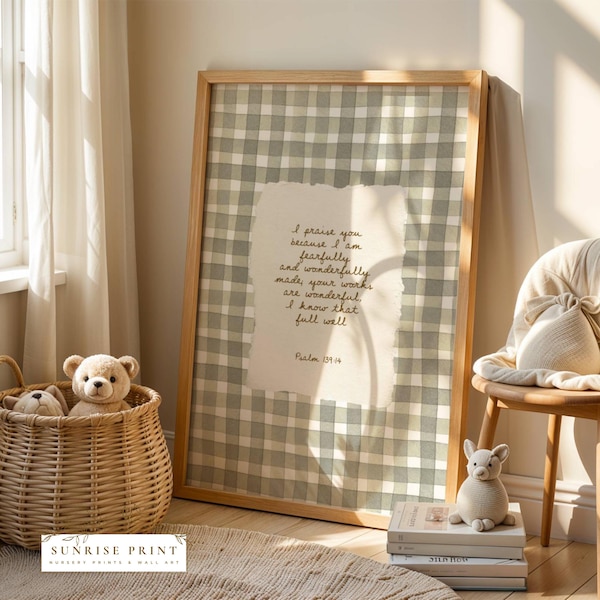 Salmo 139:14: "Soy una creación admirable y maravillosa". Impresión digital. Póster de cuadros vichy neutros para guardería infantil, regalo religioso para baby shower.