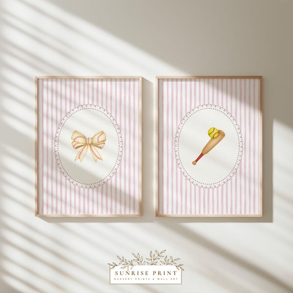 Softbollposter Flicka Barnrum Väggkonst Set Idrottare Babyshower Gåva Sportälskare Rosa Dekor Grandmillennial Tryck Vintage Preppy Barnrumskonst