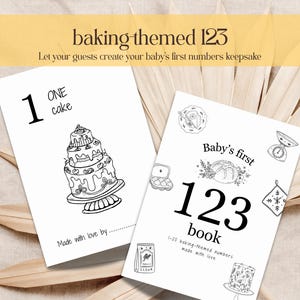 May include: Two white cards with black illustrations and text. One card features a large number 1 and a cake illustration, with the words "ONE cake." The other card says "Baby's first 123 book" with baking-themed illustrations.
