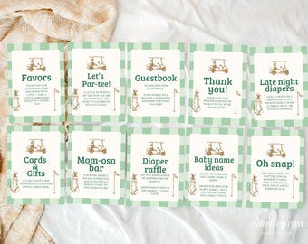 ゴルフベビーシャワーサインセット 小さなパターがやって来ます テーブルサイン 編集可能 パーティー ベビーシャワー ゴルフデコレーション グリーンギンガムパーティーサインセット