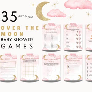 May include: Thirty-five printable baby shower games with a pink and gold color scheme and a moon and cloud design. The games include Baby Animals, Baby Traits, Candy, Anyone!, Recipe, Baby Bingo, Baby Around the World, Baby Books Emoji Pictionary, and Would Mommy Rather.