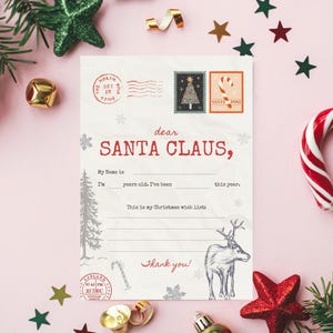 Carta a Papá Noel imprimible Carta de Papá Noel para niños Plantilla de lista de deseos de Navidad Carta imprimible a Papá Noel Carta de Navidad para Papá Noel
