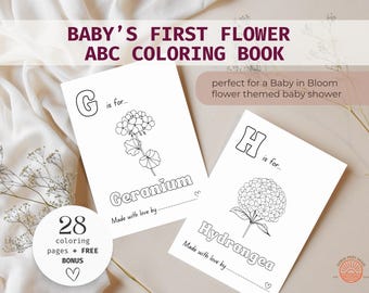 Primer libro del abecedario del bebé, Baby In Bloom, juego para baby shower, páginas para colorear del abecedario de primavera, actividad floral para fiesta de bebé, libro del abecedario de flores imprimible