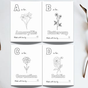Baby in Bloom Baby Shower ABC Coloring Book Activity, Baby's first ABC Book with a flower theme, Wildflower themed Baby Shower Game, ABC Coloring Pages with flowers for a Spring Baby Shower