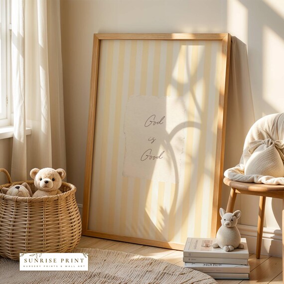 God is Good Wall Art Christian Nursery Bible Verse Print Butter Yellow Kids Room Decor Vintage Striped Scripture Print Religious Gift Idea