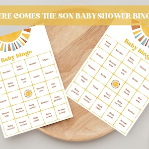 Zon babyshower bingospel Afdrukbaar Here Comes The Son babyshowerspel Voorgevulde babybingokaarten Leuk spel voor gasten