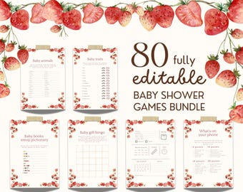 Strawberry Baby Shower Games Bundle, Berry Sweet Editable Games, 80 Printable Baby Shower Game Templates, Strawberry Fields Theme