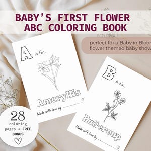 Baby in Bloom Baby Shower ABC Coloring Book Activity, Baby's first ABC Book with a flower theme, Wildflower themed Baby Shower Game, ABC Coloring Pages with flowers for a Spring Baby Shower