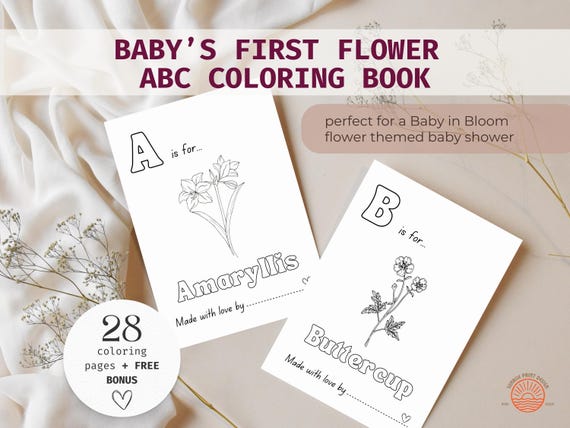 Baby First ABC Book Baby Shower Game Baby in Bloom Wildflower Coloring Book Printable Baby Shower Activity Floral Baby Shower Gift