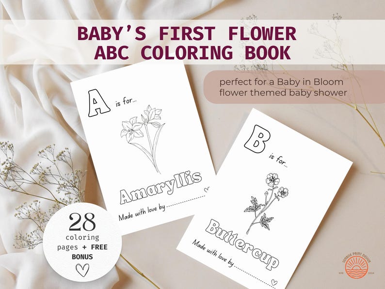 Baby in Bloom Baby Shower ABC Coloring Book Activity, Baby's first ABC Book with a flower theme, Wildflower themed Baby Shower Game, ABC Coloring Pages with flowers for a Spring Baby Shower