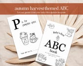 Autumn Baby Shower Game Printable Harvest ABC Coloring Book Pumpkin Pie Theme abc Party Activity Locally Grown Baby Guestbook Alternative