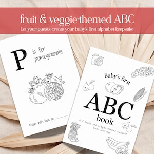 May include: Two white cards with black line drawings of fruits and vegetables. One card says "P is for pomegranate" and the other says "Baby's first ABC book". The text "fruit & veggie-themed ABC" is at the top.