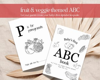Baby Shower ABC Coloring Pages Fruits and Vegetables Alphabet Book Food Garden Theme Party Game Printable Interactive Activity