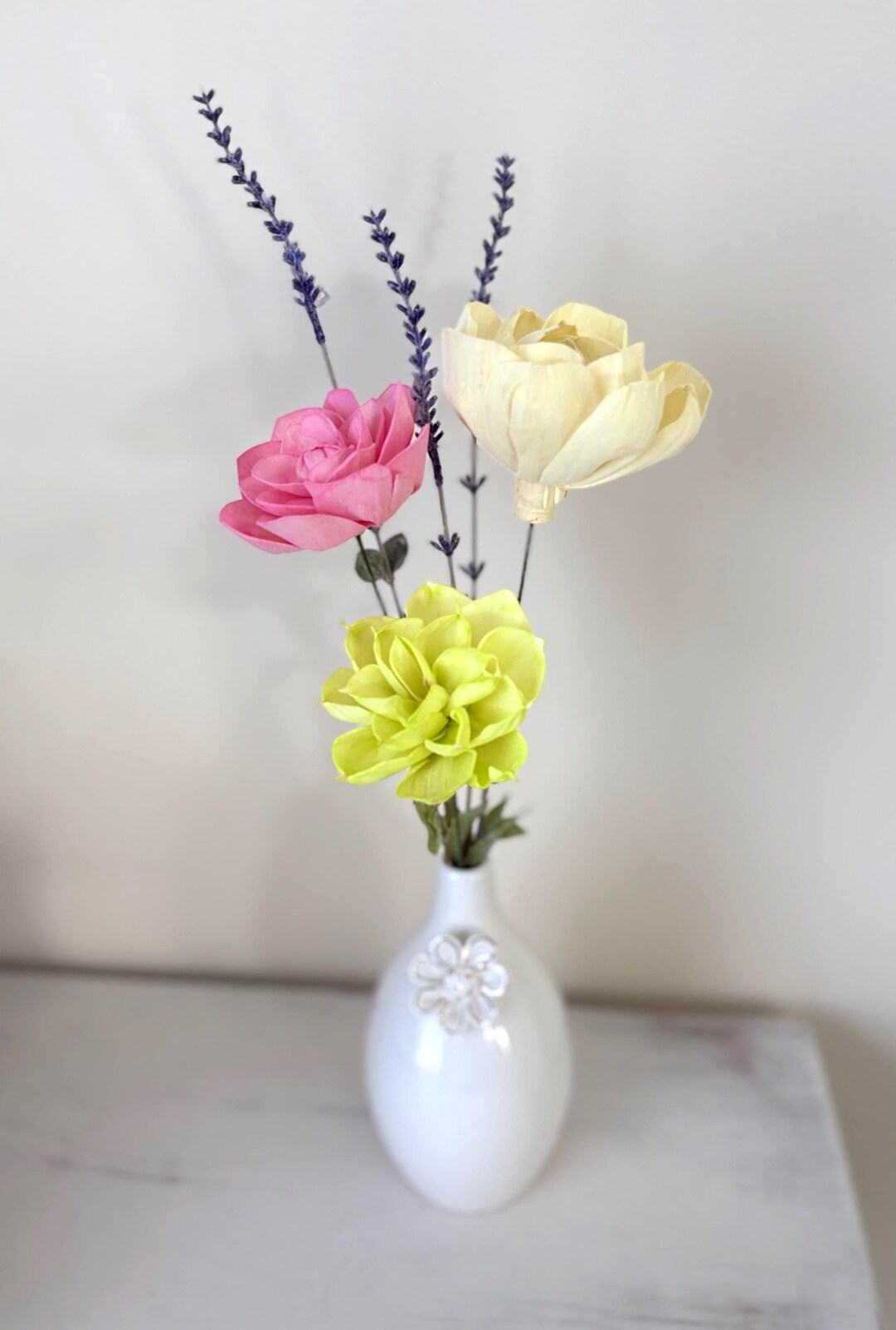 Sola Wood Flower & Lavender Bud Arrangement in White Ceramic Vase ...