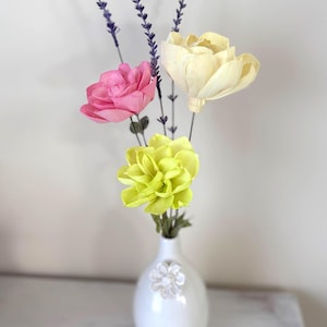 Sola Wood Flower & Lavender Bud Arrangement in White Ceramic Vase handmade, custom, farmhouse decor, centerpieces, unique gift,