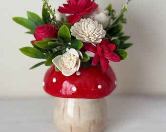 Mushroom Vase with Sola Wood Flowers: Cottagecore Fairy Garden Decor