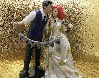 Tattooed Wedding Cake Topper . Custom Painted to Resemble You w Banner ~