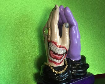 The Praying Hands of Mister J. ~ Hand Painted Ceramic Joker Figurine . Ready to Ship