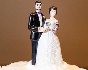 Tattooed Wedding Cake Topper . Vintage Style . Custom Painted and Personalized to Resemble You