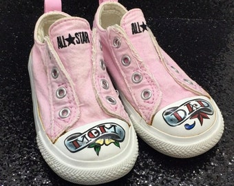 Pink Converse All Star Shoes w Hand Painted Tattoos ~ MOM & DAD ~ Toddler Sz 1 . Ready to Ship