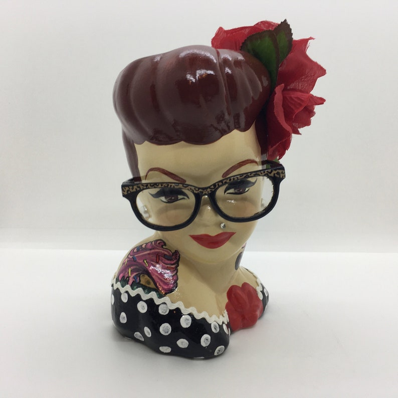 Custom Pinup Head Vase w Eyeglasses, Hand Painted to Resemble You & Your Style image 2