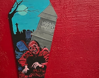 Where's My Cake?! Creepshow Father's Day Fan Art . Acrylic on 18" x 9" Coffin Panel