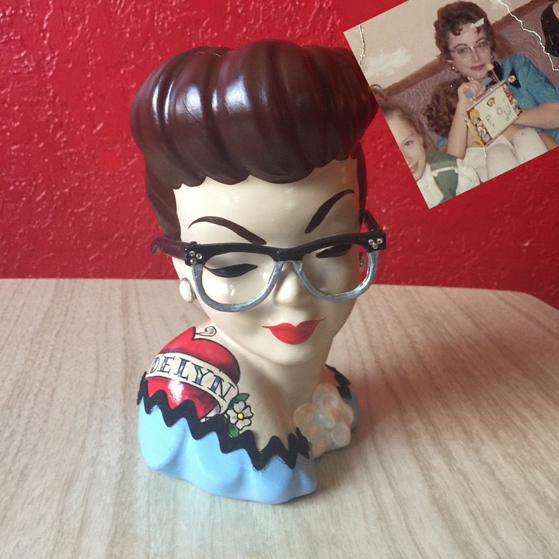 Custom Pinup Head Vase w Eyeglasses, Hand Painted to Resemble You & Your Style image 3