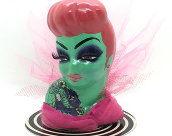 Beetlejuice Inspired Miss Argentina ~ Tattoo & Glitter Head Vase ~ Made to Order