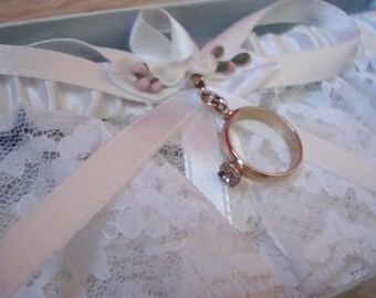 Bridal Garter with Vintage Wedding Ring Charm, one of a kind, new