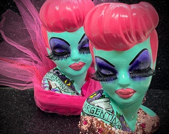 Beetlejuice Inspired Miss Argentina Tattooed Head Vase ~ Made to Order