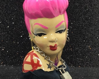 Punky Pink Custom Painted Head Vase ~ ReVamped Retro Punk Rock Vase