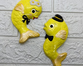 Retro Fish Couple Chalkware Plaques in Yellow ~ Ready to Ship!