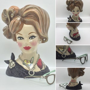 Custom Pinup Head Vase w Eyeglasses, Hand Painted to Resemble You & Your Style image 5