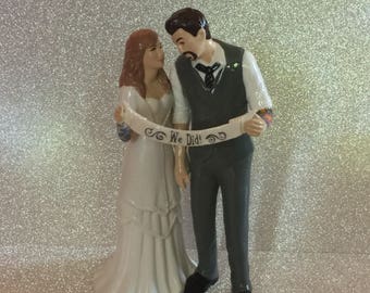 Tattooed Wedding Cake Topper with Banner . Bride and Groom Tattoos . Custom Painted and Personalized to Resemble You