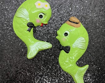 Retro Fish Couple Chalkware Plaques in Green ~ Ready to Ship!