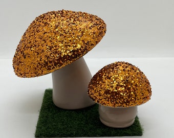 Glitter Mushroom Pair ~ 2 ReVamped Vintage Ceramic Mushrooms . Ready to Ship