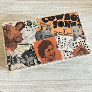 Vintage Country Music Collage Storage Box . Retro Decoupage Rockabilly Western Decor