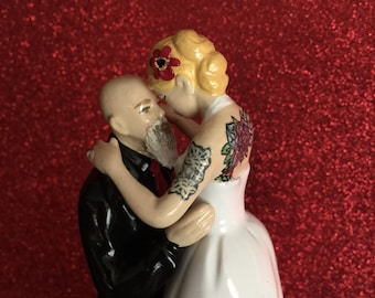 Bald & Bearded Groom w. Tattooed Bride Wedding Cake Topper . Custom Painted and Personalized to Resemble You