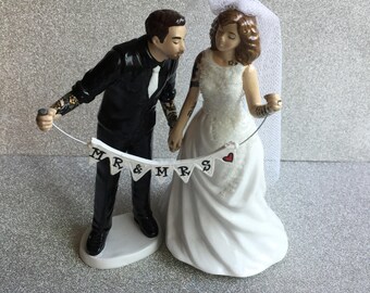 Tattooed Wedding Cake Topper . Bride and Groom Tattoos . Custom Painted and Personalized to Resemble You with Banner