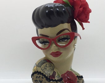 Custom Pinup Head Vase w Eyeglasses, Hand Painted to Resemble You & Your Style