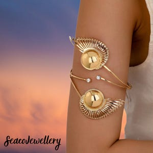 Shell Wing Arm Cuff – Golden Upper Arm Band, Boho Summer Jewelry for Women
