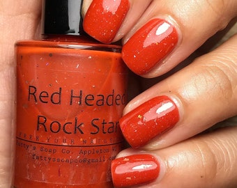 Red Headed Rock Star - Indie Nail Polish - 5 Free Polish - One of a Kind Fingernail Polish - New Round Bottles