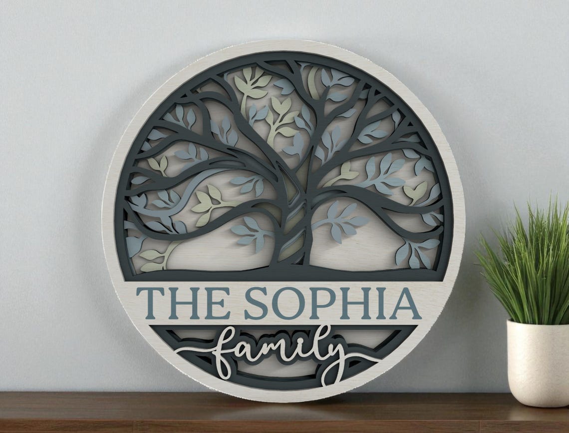Tree Round Sign Family Tree Round Sign SVG, Layered Last Name Wood Sign, Personalized ...