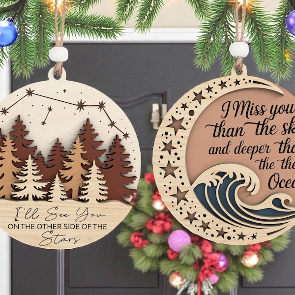 Adorno conmemorativo cortado a láser en capas, SVG "Te veré al otro lado de las estrellas", SVG "Te extraño más que al cielo", Adorno del recuerdo