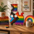 Progress Pride Cat Wooden Block, LGBTQ Rainbow Cat Shelf Decor, Inclusive Pride Flag Cat Art, Colorful Queer Wooden Block Decor
