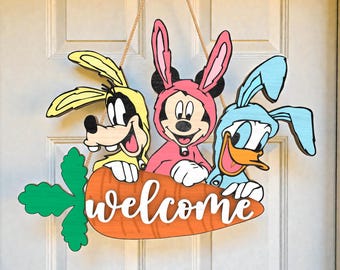 Welcome Cute Bunny Costume Cartoon Friends Door Hanger, Carrot Wood Sign Laser Cut File, Cute Animal Decor Glowforge