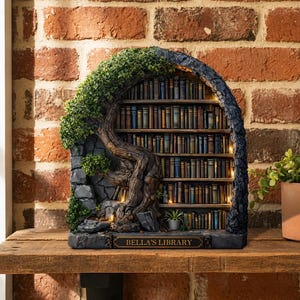 Personligt fantasybibliotek i trä, bokälskarehylla, minibiblioteksbokhörna, personlig läsargåva, litterär heminredning